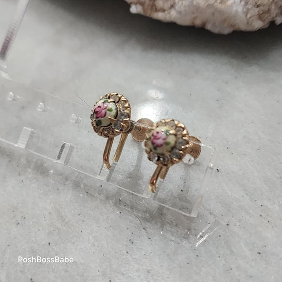 Vintage Floral Porcelain Screw Back Earrings | Rhinestone Gold Tone - Picture 8 of 13